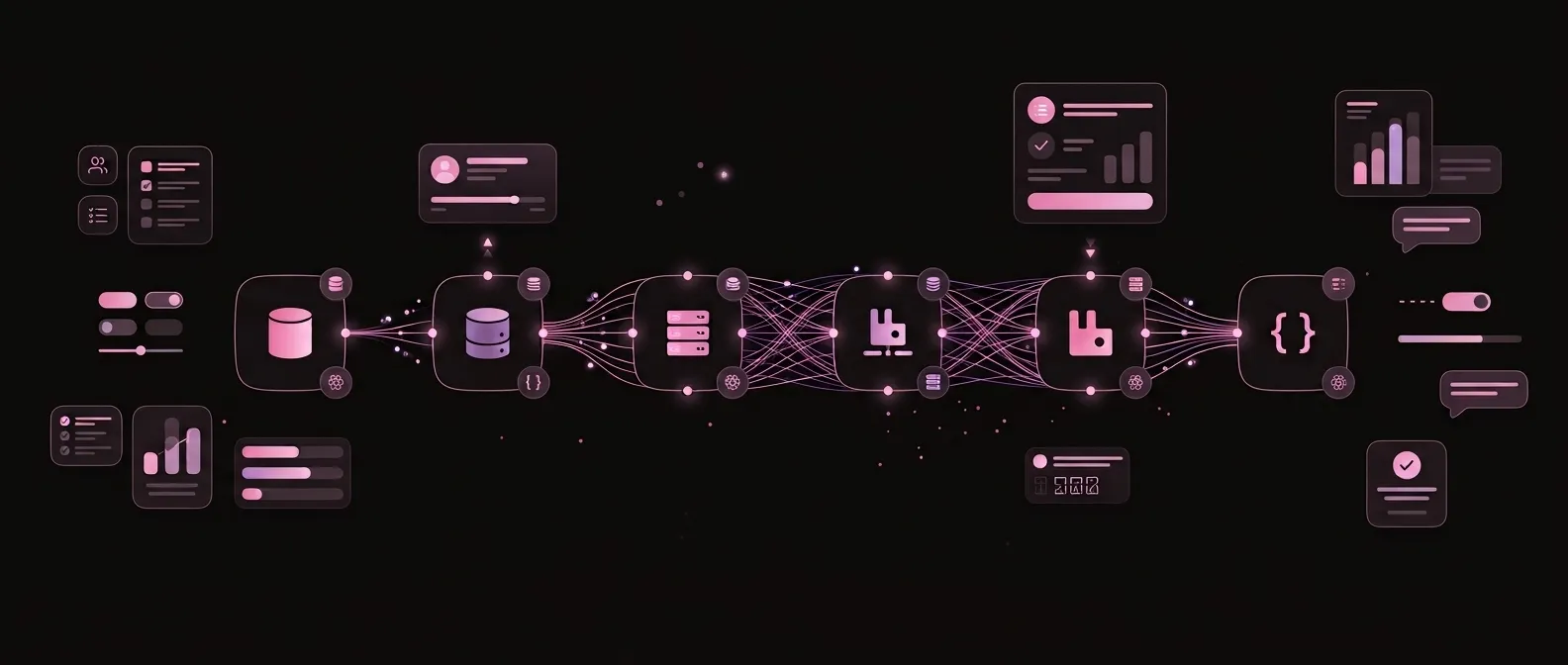 A row of services, each with its own database, wired to the next through message queues.