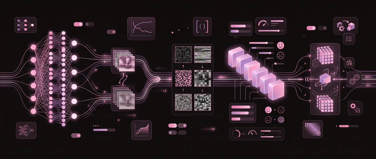 A neural network feeding noisy and pixelated images into a stack of transformer blocks scored with happy and sad faces.