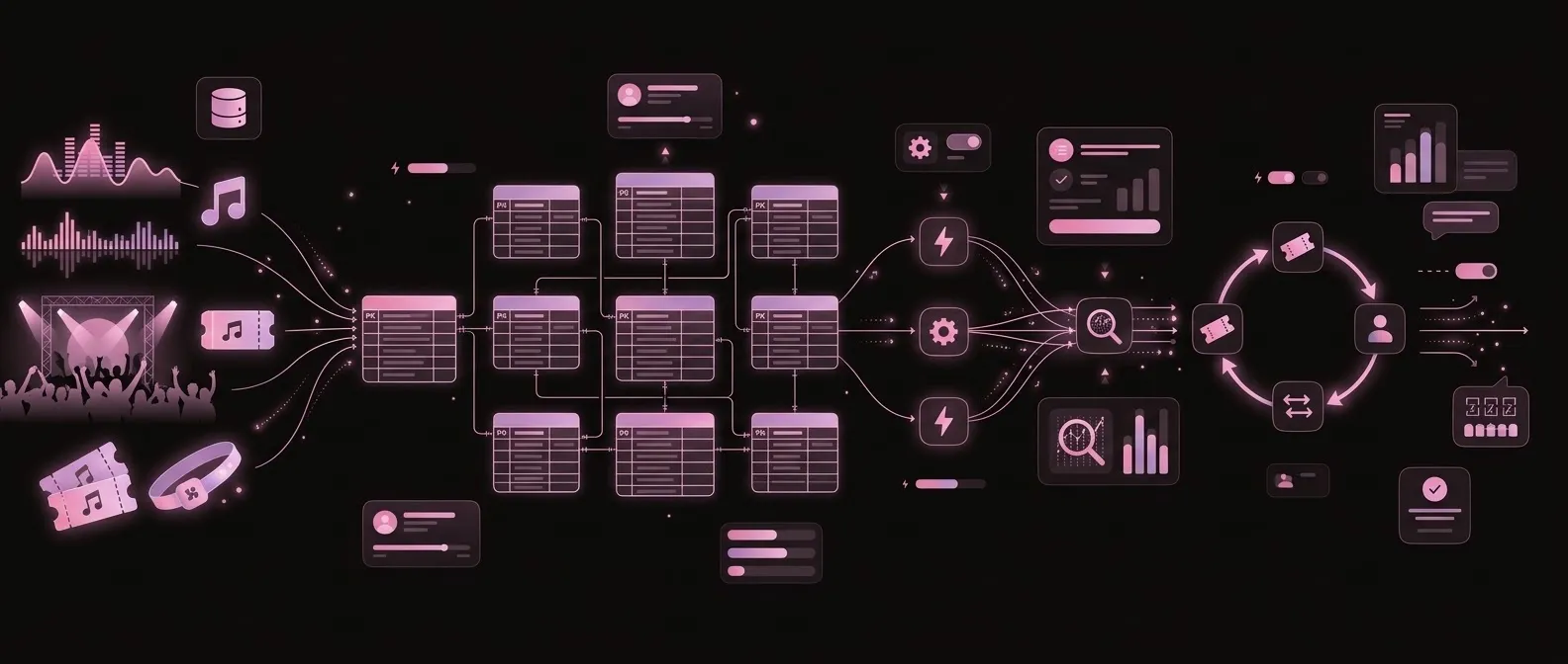 Stage lights, tickets and a wristband flowing into a grid of linked database tables, then triggers, query charts and a ticket resale loop.