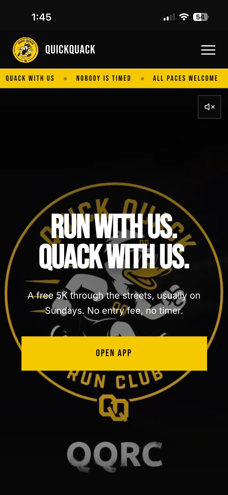 quickquack.gr on a phone: Run with us. Quack with us. A free 5K through the streets, usually on Sundays, and an Open app button over the club crest.