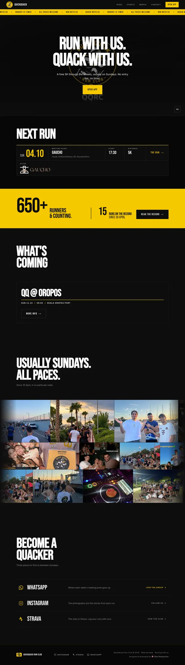 The quickquack.gr homepage, headlined “Run with us. Quack with us.” over the club’s crest, in black and yellow.