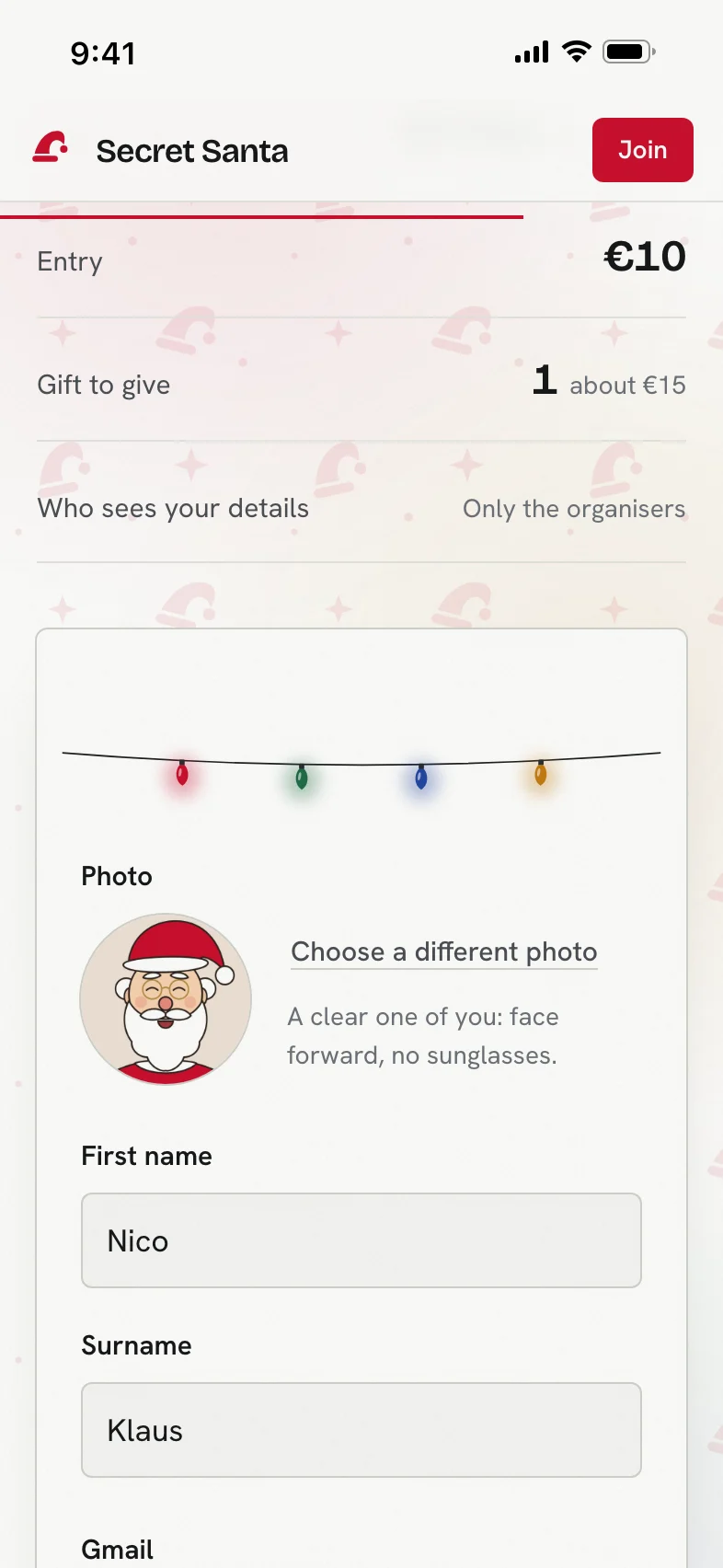 The sign-up form: a round photo (a drawing of Santa), first name Nico, surname Klaus, and the Gmail field.
