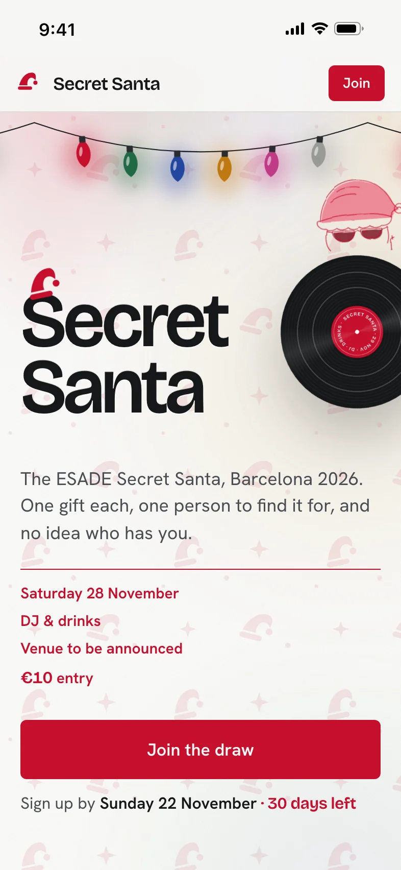 The Secret Santa page on a phone: Secret Santa, the ESADE Secret Santa, Barcelona 2026, Saturday 28 November, DJ and drinks, €10 entry, and a Join the draw button.